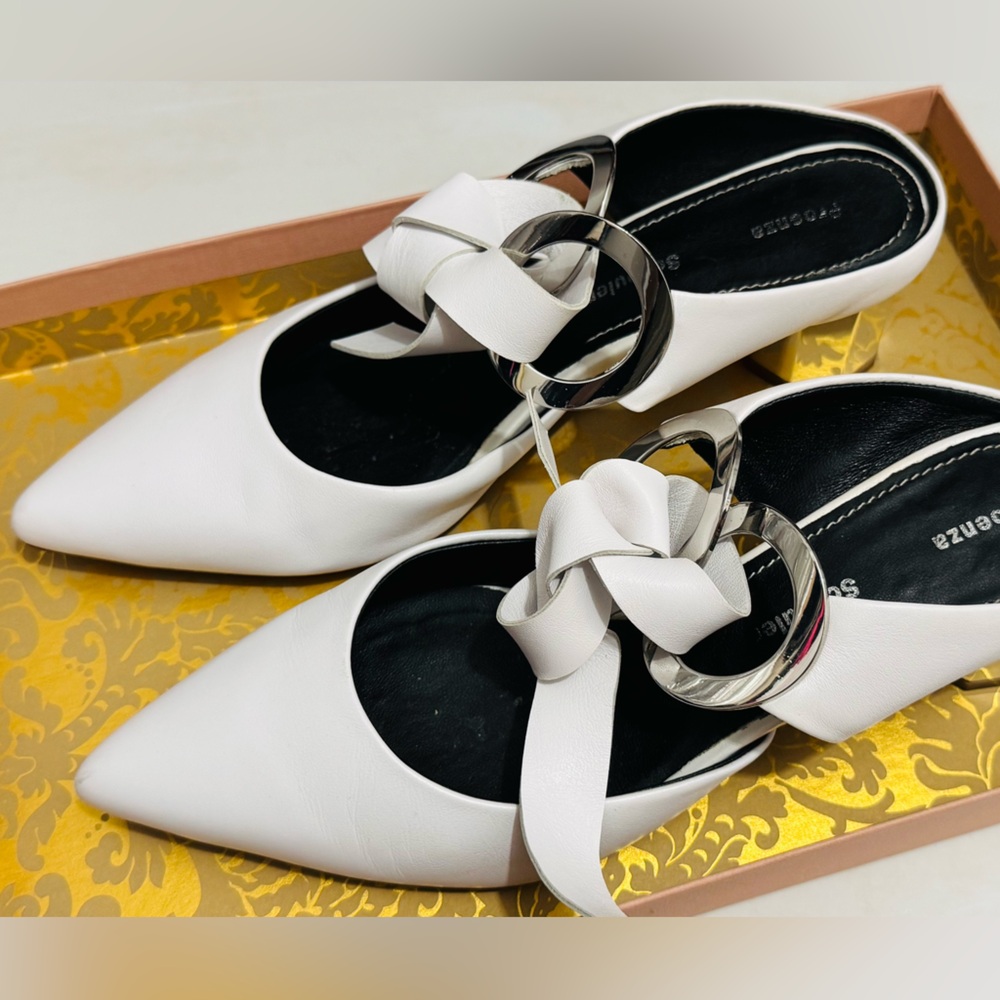 Proenza Schouler leather cutout bow accent mules silver block heel